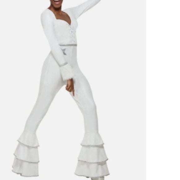 70's ABBA Glam Costume Ladies White Ruffled Jumpsuit - Picture 3 of 3